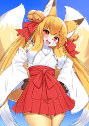 Rule 34 | 1girl, :3, animal ear fluff, animal ears, bell, blonde hair, blue background, blush, body fur, cowboy shot, detached sleeves, fangs, flat chest, fox ears, fox girl, fox tail, furry, furry female, hair bell, hair ornament, hair ribbon, highres, horokusa (korai), japanese clothes, jingle bell, long hair, miko, open mouth, orange fur, original, red eyes, ribbon, simple background, solo, standing, tail, tail raised, twintails, very long hair, white fur, wide sleeves