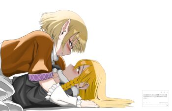 1boy 1girl arm_warmers assertive_female black_vest blonde_hair blush braid brown_shirt cookie_(touhou) crossdressing genderswap genderswap_(ftm) green_eyes hetero highres joker_(cookie) kirisame_marisa long_hair mizuhashi_parsee pointy_ears rei_(cookie) request_inset shirt short_hair side_braid single_braid suzuki_kenichi touhou translation_request trap vest white_shirt yellow_eyes yukadon yuri