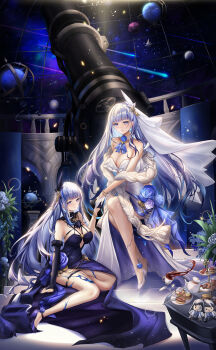 Rule 34 | 2girls, 598357237 (pixiv 14806799), absurdres, arm behind back, bare legs, bare shoulders, black dress, black gloves, blue flower, blue hair, blue nails, blush, breasts, cake, cleavage, clothing cutout, commentary, curly hair, dark persona, darkstar hubble (neural cloud), dress, dual persona, earrings, english commentary, feather hair ornament, feathers, floating, flower, food, full body, girls' frontline, girls' frontline neural cloud, gloves, gradient hair, hair ornament, half gloves, hand up, happy, high heels, highres, holding hands, hubble (neural cloud), jewelry, large breasts, legs, long hair, medium breasts, mixed-language commentary, multicolored hair, multiple girls, nail polish, night, night sky, no bra, planetarium, purple dress, purple hair, sitting, sitting on stairs, sky, sleeveless, sleeveless dress, smile, stairs, star (sky), starry sky, starry sky print, strapless, strapless dress, streaked hair, tea, tearing up, telescope, thigh strap, thighs, underboob cutout, upskirt, veil, very long hair, white dress, white gloves, white hair