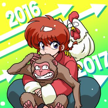 1girl animal bird blue_eyes braid chicken chinese_clothes genderswap genderswap_(mtf) monkey ranma-chan ranma_1/2 red_hair rooster saotome_ranma single_braid sitting tangzhuang wanta_(futoshi)