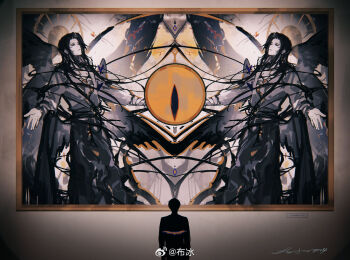 Rule 34 | 1boy, alternate eye color, angel wings, art gallery, blue butterfly, bubing, bug, butterfly, chinese commentary, clarence clayden, commentary request, curtained hair, dual persona, eye symbol, facing away, feathered wings, feet out of frame, halo, halo behind head, insect, limited palette, long hair, long sleeves, looking up, lovebrush chronicles, male focus, mole, mole under eye, multiple wings, open hands, outstretched arms, painting (object), parted bangs, picture frame, plaque, red eyes, robe, signature, silhouette, slit pupils, spread arms, standing, symmetry, upper body, watermark, weibo watermark, wings, yellow eyes