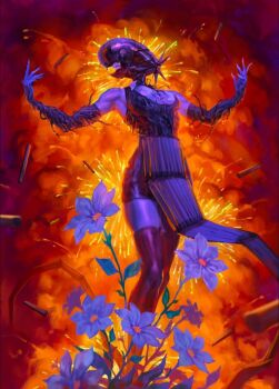 1girl apron black_apron bomb_devil_(chainsaw_man) caio_santos chainsaw_man collared_shirt commentary english_commentary explosion explosion_background flower object_head shirt sleeveless sleeveless_shirt solo thighhighs