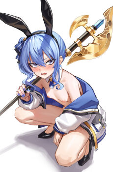 1girl alternate_costume animal_ear_hairband animal_ears ascot asymmetrical_sidelocks axe bare_shoulders battle_axe black_footwear blue_eyes blue_hair blue_jacket blue_nails blue_ribbon blush breasts cleavage commentary detached_collar double-parted_bangs earrings fake_animal_ears flat_chest full_body hair_between_eyes hair_ribbon hairband high_heels highres holding holding_axe holding_weapon hololive hoshimachi_suisei jacket jewelry looking_at_viewer medium_hair nail_polish naked_jacket nipples off_shoulder playboy_bunny rabbit_ear_hairband rabbit_ears ribbon side_ponytail sidelocks simple_background small_breasts solo squatting star_(symbol) star_earrings star_in_eye symbol_in_eye two-sided_fabric two-sided_jacket v-shaped_eyebrows virtual_youtuber weapon white_background white_jacket wszkii