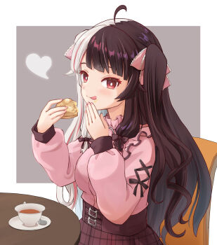 1girl :q ahoge alternate_costume alternate_hairstyle black_hair blush breasts bright_pupils brown_skirt commentary_request cross-laced_clothes cross-laced_sleeves cup eating food food_on_face frilled_shirt_collar frills from_side grey_background grey_hair haniwa_(leaf_garden) high-waist_skirt highres jirai_kei licking_lips long_hair long_sidelocks long_sleeves looking_at_viewer low-tied_sidelocks medium_breasts multicolored_hair nijisanji pink_nails pink_streaks pink_sweater plaid_clothes plaid_skirt puffy_long_sleeves puffy_sleeves red_eyes sidelocks sideways_glance sitting skirt solo split-color_hair streaked_hair sweater teacup tongue tongue_out two-tone_background two-tone_hair two_side_up underbust virtual_youtuber white_pupils yorumi_rena