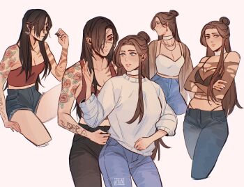 2girls arm_tattoo artist_name bbybluemochi black_hair black_pants blue_eyes blush breasts brown_hair butterfly_earrings chain chain_necklace choker cleavage commentary cropped_legs crossed_arms cuddling denim denim_shorts ear_piercing earrings english_commentary eye_contact eyepatch frown g-string genderswap genderswap_(mtf) green_eyes hair_bun hair_over_one_eye highres hua_cheng jeans jewelry long_hair looking_at_another looking_to_the_side medical_eyepatch medium_breasts midriff midriff_peek multiple_girls multiple_views navel necklace panties pants parted_lips piercing red_eyes red_tube_top see-through_clothes see-through_shirt shirt shorts shoulder_tattoo simple_background sitting strapless sweater tattoo thong tianguan_cifu torn_clothes torn_shirt tube_top underwear white_background white_choker xie_lian yuri