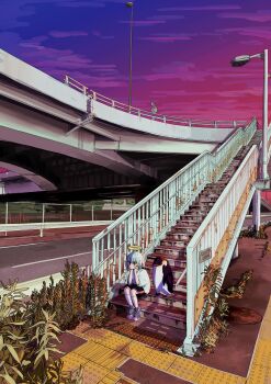 Rule 34 | 1girl, absurdres, animal, bird, black shorts, blue eyes, blue hair, blue shoes, evening, grate, halo, hands on own cheeks, hands on own face, highres, lamppost, nickel ni plus, original, outdoors, overpass, penguin, plant, purple sky, road, scenery, sewer grate, shirt, shoes, shorts, sitting, sky, socks, solo, stairs, white shirt, white socks