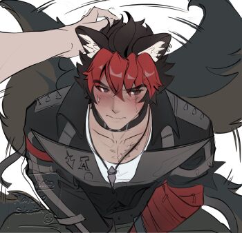 1boy animal_ears black_choker black_jacket blush choker collarbone commentary dog_ears dog_tail embarrassed english_commentary headpat highres jacket jewelry komano_manato male_focus motion_lines muscular muscular_male necklace red_bandage shirt solo tail tail_wagging white_shirt wonjun zenless_zone_zero