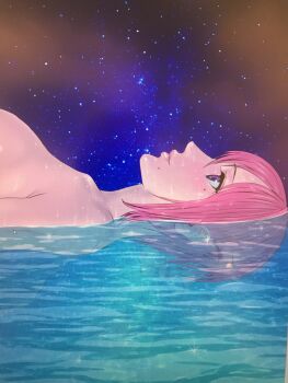 1girl breasts chiho_johansson gigant highres large_breasts lying night nude official_art pink_hair purple_eyes sky solo water