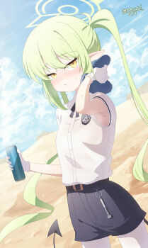 1girl adapted_costume armpit_crease armpit_peek belt black_belt black_ribbon black_shorts blue_archive blue_sky blush can cloud collared_shirt commentary cowboy_shot day demon_girl demon_tail desert dress_shirt dutch_angle gloves green_hair green_halo hair_between_eyes halo hands_up highlander_railway_academy_logo highres holding holding_can long_hair looking_at_viewer meruki neck_ribbon no_headwear nose_blush nozomi_(blue_archive) outdoors pantyhose parted_lips pointy_ears ribbon sand shirt short_sleeves shorts sidelocks sky solo sweat tail twintails twitter_username very_long_hair white_gloves white_pantyhose white_shirt wiping_sweat yellow_eyes
