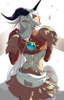 1boy aegiochusmon animal_legs armor body_fur brown_fur cowboy_shot digimon digimon_(creature) feathered_wings from_behind goat_boy grey_hair half_mask highres horns looking_at_viewer looking_back luryxia male_focus mask pointy_ears red_armor simple_background solo white_background wings yellow_eyes