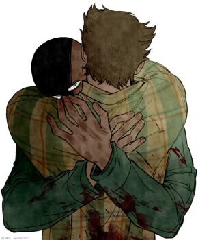 2boys back bald blood blood_on_clothes brown_hair commentary couple deadpool deadpool_&amp;_wolverine deadpool_(series) english_commentary from_behind highres hug k4nc_wolverine long_sleeves male_focus marvel marvel multiple_boys muscular muscular_male mutual_hug plaid_clothes plaid_shirt scar scars_all_over shaded_face shirt short_hair simple_background too_many wolverine_(x-men) x-men yaoi
