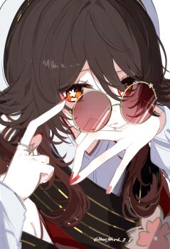 1girl absurdres adjusting_eyewear brown_hair brown_scarf close-up closed_mouth flower-shaped_pupils genshin_impact hair_between_eyes hat highres hu_tao_(cherries_snow-laden)_(genshin_impact) hu_tao_(genshin_impact) long_hair long_sleeves looking_at_viewer magnet_8_8 official_alternate_costume red-tinted_eyewear red_eyes red_nails round_eyewear scarf solo sunglasses symbol-shaped_pupils tinted_eyewear twintails very_long_hair white_hat yellow-framed_eyewear