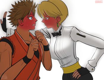 1girl belt blonde_hair blue_eyes bow bowtie breasts formal_clothes geta0201 gloves huge_breasts king_(snk) large_breasts long_sleeves pants ryou_sakazaki ryuuko_no_ken shirt short_hair the_king_of_fighters white_shirt