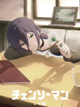 1girl absurdres black_choker chainsaw_man choker closed_mouth cup drink fathertrex flower green_eyes hair_between_eyes hair_bun highres holding holding_flower indoors looking_at_viewer menu purple_hair reze_(chainsaw_man) shirt smile solo white_flower white_shirt window