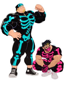 2boys arm_hair bara biceps black_bodysuit black_hair blonde_hair blue_eyes bodysuit broad_shoulders brown_eyes calves facial_hair flexing full-length_zipper full_body glowing_bodysuit glowing_clothes goatee halloween halloween_costume hand_on_own_hip highres huge_pectorals male_focus mask mouth_mask multicolored_hair multiple_boys muscular muscular_arms muscular_legs muscular_male original shoes simple_background skeleton_print skull_mask sneakers spiked_hair squatting thick_eyebrows thighs triceps two-tone_hair uleez v-taper veins veiny_arms white_background zipper