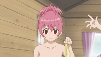 +_+ 10s 3girls animal_print animated animated_gif bear_panties bear_print blood blush convenient_censoring green_eyes hitting imminent_kiss kasugano_urara_(sabagebu!) long_hair lowres multiple_girls nude o_o object_on_head panties panties_on_head pink_hair print_panties purple_hair red_eyes sabagebu! sonokawa_momoka subtitled twintails underwear yellow_panties