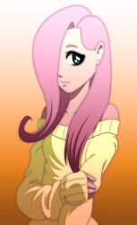 Rule 34 | 1girl, arucardpl, bare shoulders, blue eyes, fluttershy, hair over one eye, highres, long sleeves, looking at viewer, my little pony, my little pony: friendship is magic, off shoulder, personification, pink hair, shirt, sweater, yellow shirt, yellow sweater