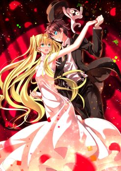 1boy 1girl :d ;d blonde_hair blue_eyes brown_hair dancing dress fedora formal_clothes hat highres kekkai_sensen leonardo_watch monkey necktie one_eye_closed open_mouth pants petals rose_petals sleeveless sleeveless_dress smile suit swordsouls twintails white_(kekkai_sensen)