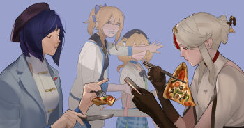 Rule 34 | 4girls, barbara (genshin impact), barbara (pizza alvolo) (genshin impact), beret, black bow, black gloves, black hat, black shirt, blonde hair, blue bow, blue choker, blue hair, blue jacket, blue skirt, blunt ends, bow, breasts, cellphone, chest bow, choker, chopsticks, closed eyes, closed mouth, collared shirt, commentary, covering another's eyes, cowboy shot, diagonal bangs, dress, eating, english commentary, food, fork, genshin impact, gloves, green shirt, hair bow, hair bun, hair ornament, hair stick, hands up, hat, high ponytail, highres, holding, holding chopsticks, holding fork, holding knife, holding phone, jacket, jean (genshin impact), jean (pizza alvolo) (genshin impact), knife, lapels, long hair, long sleeves, looking at another, looking at food, looking at phone, looking down, medium breasts, multiple girls, ningguang (genshin impact), ningguang (pizza hut) (genshin impact), official alternate costume, open clothes, open jacket, open mouth, open shirt, phone, pink ribbon, pizza, pizza slice, plaid bow, plaid clothes, plaid skirt, ponytail, purple background, purple lips, ribbon, shirt, short hair, short sleeves, siblings, sidelocks, simple background, sisters, skirt, sleeveless, sleeveless shirt, smartphone, standing, suqling, t-shirt, tassel, tassel hair ornament, teeth, turtleneck, turtleneck dress, twintails, upper body, wavy hair, white dress, white hair, white jacket, white shirt, white skirt, wide sleeves, yelan (genshin impact), yelan (pizza hut) (genshin impact), yellow ribbon