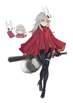 1girl ? animal_ears baseball_bat black_bodysuit bodysuit chibi chibi_inset cloak cosplay full_body grey_hair high_heels highres holding holding_baseball_bat hollow_knight hollow_knight:_silksong honkai:_star_rail honkai_(series) hornet_(hollow_knight) kemonomimi_mode latex latex_bodysuit long_hair mask mask_on_head raccoon_ears raccoon_girl raccoon_tail red_cloak smile solo_focus stelle_(honkai:_star_rail) tail thigh_strap trailblazer_(honkai:_star_rail) urii_20230426 yellow_eyes