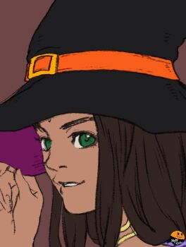 1girl arc_the_lad arc_the_lad_ii bindi brown_hair commentary dark-skinned_female dark_skin green_eyes halloween hat jewelry long_hair looking_at_viewer magmastudio sania_(arc_the_lad) simple_background smile solo witch_hat