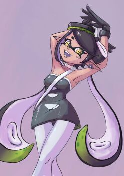 +_+ 1girl armpits bare_shoulders black_hair breasts callie_(alterna)_(splatoon) callie_(splatoon) dress earrings erichill1232 fangs gloves highres jewelry looking_to_the_side nintendo pointy_ears sleeveless splatoon_(series) splatoon_3 tentacle_hair twintails yellow_eyes