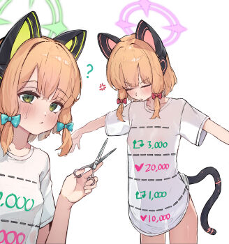 2girls ? anger_vein animal_ear_headphones animal_ears aqua_bow blonde_hair blue_archive blush bottomless bow breasts cat_ear_headphones cat_ears cat_tail closed_eyes closed_mouth commentary covered_erect_nipples cowboy_shot dot_nose dotted_line facing_down fake_animal_ears fake_tail green_eyes green_halo hair_bow halo hand_up headphones highres holding holding_scissors long_sidelocks looking_at_viewer midori_(blue_archive) momoi_(blue_archive) multiple_girls naked_shirt naretsuro no_bra outstretched_arms oversized_clothes oversized_shirt pink_halo print_shirt red_bow scissors see-through_clothes see-through_shirt shirt short_hair short_sleeves siblings sidelocks simple_background sisters small_breasts spread_arms standing sweatdrop t-pose t-shirt tail text_print twins twitter_cutting_game twitter_strip_game upper_body v-shaped_eyebrows white_background white_shirt wide_sleeves