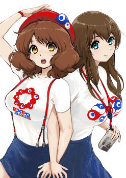 Rule 34 | 2girls, arm up, beret, blue eyes, blue skirt, bracelet, breasts, brown hair, camera, closed mouth, commentary, cowboy shot, curly hair, expo2025, hat, hibike! euphonium, highres, holding, holding camera, jewelry, kuroe mayu, lanyard, large breasts, locked arms, long hair, looking at viewer, medium breasts, medium hair, multiple girls, myaku-myaku, open mouth, oumae kumiko, red hat, shirt, side-by-side, skirt, suspender skirt, suspenders, tono51044448, white background, white shirt, yellow eyes
