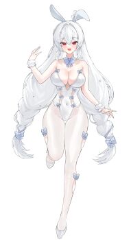 1girl :d absurdres animal_ears bare_shoulders bow braid breasts cleavage detached_collar fake_animal_ears full_body gurami_(zangizarang) hairband high_heels highres large_breasts leotard long_hair looking_at_viewer open_mouth pantyhose playboy_bunny rabbit_ears red_eyes smile solo standing standing_on_one_leg strapless strapless_leotard very_long_hair white_background white_bow white_hair white_hairband white_leotard wrist_cuffs