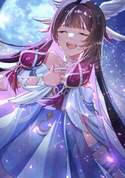 1girl bare_shoulders black_hair closed_eyes columbina_(genshin_impact) commentary_request dress eye_mask feathered_wings genshin_impact head_wings highres long_hair mask multicolored_hair purple_hair see-through_clothes see-through_mask smile solo streaked_hair teeth two-tone_hair upper_teeth_only watatai white_wings wings