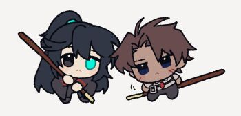 :< aqua_eyes black_coat black_eyes black_hair black_pants brown_hair chibi coat commentary food half_updo heathcliff_(project_moon) heterochromia highres hong_lu_(project_moon) limbus_company long_hair long_sleeves looking_at_viewer nantekottawo!! pants pocky pocky_day project_moon purple_eyes shirt sidelocks simple_background very_long_hair white_background white_shirt