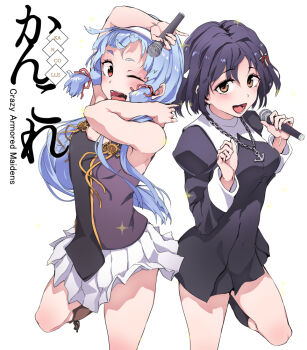 2girls anchor_necklace blush breasts brown_eyes crossover dress haguro_(kancolle) hair_ornament hair_ribbon holding holding_microphone jewelry kannagi kantai_collection long_hair long_sleeves look-alike microphone multiple_girls murakumo_(kancolle) necklace one_eye_closed open_mouth parody purple_hair red_eyes ribbon short_hair siblings silver_hair simple_background sisters sleeveless sparkle tress_ribbon white_background yukiguni_yuu