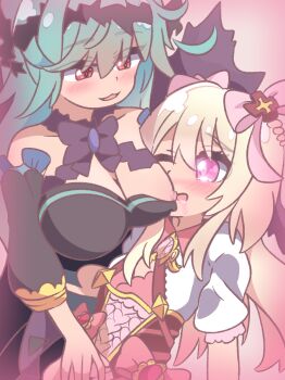 2girls absurdres aikasa aqua_hair blonde_hair breastfeeding breasts chaos_aurora_(grimms_notes) chaos_marie_(grimms_notes) grimms_notes highres large_breasts long_hair multiple_girls nipples nursing_fingering pink_eyes red_eyes yuri