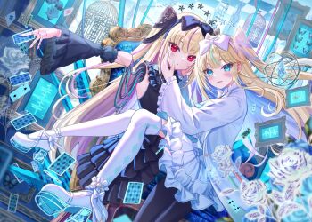 2girls akabane_(zebrasmise) android birdcage black_bow black_dress black_ribbon blonde_hair blue_eyes blue_hair bow bug building butterfly cage card coat commentary detached_sleeves doll_joints dress flower frilled_coat frilled_dress frilled_sleeves frills hair_bow hair_ribbon insect joints lab_coat long_hair multicolored_hair multiple_girls original picture_frame pink_hair playing_card red_eyes ribbon rose shoes sitting sitting_on_lap sitting_on_person star_(symbol) streaked_hair symbol-only_commentary test_tube thighhighs two-tone_hair white_bow white_dress white_ribbon white_shoes white_thighhighs