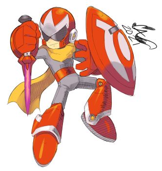 1boy 2021 android arm_shield assault_visor belt bodysuit boots caliginousarts commentary commission energy_sword english_commentary full_body gloves grey_bodysuit helmet highres male_focus mega_man_(classic) mega_man_(series) proto_man red_belt red_boots red_gloves red_helmet scarf solo sunglasses sword weapon yellow_scarf