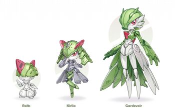 colored_skin evolutionary_line gardevoir gen_3_pokemon green_hair green_skin hair_over_eyes hair_over_one_eye highres kirlia looking_at_viewer lordyanyu mechanization medium_hair multicolored_skin nintendo no_feet number_print pokemon pokemon_(creature) ralts red_eyes red_skin simple_background white_background white_skin