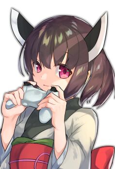 1girl breasts brown_hair closed_mouth controller grey_kimono headgear highres holding holding_controller japanese_clothes kimono looking_at_viewer obi outer_glow pink_eyes playstation_controller sash sho_bu_1116 short_hair simple_background small_breasts smile solo touhoku_kiritan upper_body voiceroid white_background