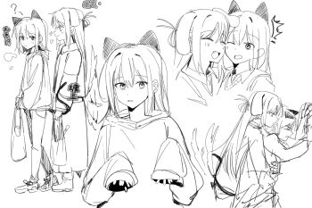 2girls animal_ears cat_ears cat_girl cat_tail closed_eyes commentary_request dog_ears dog_girl dog_tail fang greyscale haidao_mao highres kemonomimi_mode long_hair medium_hair miyagi_shiori monochrome multiple_girls multiple_views one_eye_closed open_mouth sendai_hazuki shuuniichido_classmate_wo_kau_hanashi sleeves_past_wrists tail tail_wagging translation_request yuri