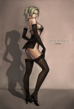 1girl ass bare_back bare_shoulders black_dress black_thighhighs blonde_hair blue_eyes breasts character_name copyright_name dress elbow_gloves female_focus gloves high_heels lace lace-trimmed_legwear lace_trim large_breasts legs lips lipstick long_hair long_legs makeup namco neongun nina_williams nose nylons panties ponytail shadow shoes sideboob solo tekken tekken_2 tekken_3 tekken_4 tekken_5_(dark_resurrection) tekken_tag_tournament tekken_tag_tournament_2 thighhighs thong underwear