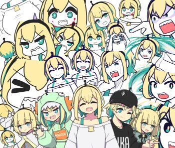 >_< 6+girls :> :d ^_^ absurdres amano_pikamee amano_pikamee_(1st_costume) amano_pikamee_(dinosaur_hoodie) amano_pikamee_(isekai) amano_pikamee_(isekai_monster) amano_pikamee_(voms_black) antennae aqua_eyes baseball_cap black_bow black_bowtie black_hat black_sweater blonde_hair blood blood_on_face blush_stickers bow bowtie breasts character_name claw_pose closed_eyes commentary double_bun dress english_commentary green_dress hair_bun hand_up hat highres large_breasts looking_at_viewer multiple_girls multiple_persona multiple_views o_o off-shoulder_shirt off_shoulder open_mouth rectangular_mouth sharp_teeth shirt short_hair smile sweater synapseproperty tearing_up teeth upper_body v-shaped_eyebrows virtual_graduation_commemoration virtual_youtuber voms