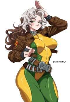 1girl absurdres belt bodysuit breasts brown_hair colored_bangs gloves green_bodysuit green_eyes highres jacket komatsuki_n large_breasts long_hair looking_at_viewer marvel marvel_rivals multicolored_bodysuit multicolored_hair rogue_(x-men) smile solo superhero_costume two-tone_bodysuit two-tone_hair white_hair x-men yellow_bodysuit yellow_gloves