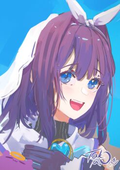 1girl :d black_gloves blue_bow blue_bowtie blue_eyes blue_hair bow bowtie brooch commentary dated_commentary gloves hair_intakes heart heart-shaped_gem heart_brooch highres hololive hololive_english jewelry looking_at_viewer open_mouth ouro_kronii ouro_kronii_(1st_costume) sailor_collar smile solo takodachi_(ninomae_ina'nis) takomonty veil vest virtual_youtuber white_sailor_collar white_veil white_vest