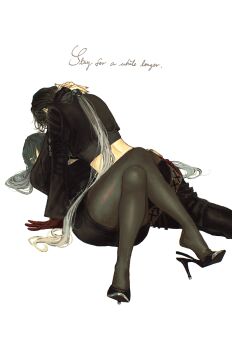 2girls absurdres angell_(path_to_nowhere) arms_around_neck black_jacket black_pants black_pantyhose black_shoes blush chief_(path_to_nowhere) commentary cursive english_text female_chief_(path_to_nowhere) gloves gradient_hair hashtag-only_commentary high_heels highres huameitang jacket long_hair long_sleeves midriff multicolored_hair multiple_girls pants pantyhose path_to_nowhere red_gloves shoes simple_background white_background white_hair yuri