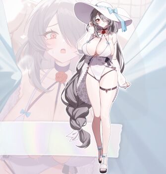 1girl absurdres between_breasts black_sandals blue_bow blue_ribbon blush bow breasts brown_eyes character_request closed_mouth commentary_request copyright_request covered_navel flower grey_hair hair_over_one_eye hair_ribbon hat hat_bow hat_ribbon highres large_breasts long_braid one-piece_swimsuit open_mouth red_flower red_rose ribbon rose sandals smile strap_between_breasts sun_hat sweat swimsuit taiyaki12 thigh_strap white_hat white_one-piece_swimsuit white_ribbon