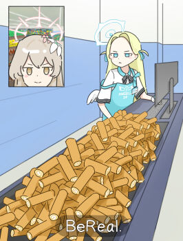 >:) 2girls angel's_24_uniform_(blue_archive) apron bereal blonde_hair blue_apron blue_archive blue_eyes blue_halo blush_stickers bow bowtie brown_eyes brown_hair cake cashier closed_mouth commentary_request english_text flower food grocery_store hair_flower hair_ornament halo highres long_hair meme multiple_girls nagisa_(blue_archive) ossa_2019 photo-referenced pink_halo shirt smile sora_(blue_archive) store_clerk strap_slip swiss_roll too_many v-shaped_eyebrows white_shirt