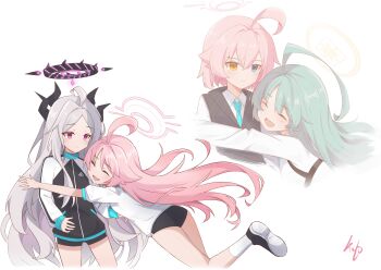 4girls :d ^_^ ahoge black_buruma black_shorts black_vest blue_archive blue_necktie buruma closed_eyes collared_shirt commentary demon_girl demon_horns english_commentary flashback green_hair gym_shirt gym_shorts gym_uniform hair_between_eyes half_updo halo heterochromia highres hina_(blue_archive) horns hoshino_(blue_archive) hoshino_(first_year)_(blue_archive) hoshino_(young)_(blue_archive) hug jacket long_hair long_sleeves multiple_girls necktie official_alternate_costume official_alternate_hairstyle open_mouth parted_bangs pink_hair purple_eyes rikotch07 shirt short_hair short_shorts short_sleeves shorts shoulder_strap sidelocks simple_background smile t-shirt track_jacket turtleneck turtleneck_jacket vest white_background white_hair white_shirt yume_(blue_archive) zipper