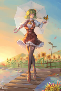 1girl absurdres ascot breasts bug butterfly edz_drawz field flower flower_field frilled_skirt frills green_hair hair_flower hair_ornament highres insect kazami_yuuka large_breasts lips long_sleeves looking_at_object looking_at_viewer medium_breasts parasol plaid_clothes plaid_skirt plaid_vest red_eyes shirt short_hair sign skirt skirt_set smile solo sunflower sunflower_field sunflower_hair_ornament touhou umbrella vest walking white_shirt yellow_ascot