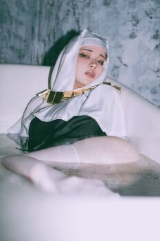 1girl 5y_mmo absurdres arm_at_side arm_support arm_under_breasts bathroom black_dress blurry blurry_foreground bodhisattva breasts buddhist_nun commentary cosplay cosplay_photo curvy demon_girl dress fate/extra fate/extra_ccc fate/grand_order fate_(series) gold_necklace half-closed_eyes head_tilt highres in_bathtub indoors jewelry large_breasts long_dress long_sleeves looking_at_viewer lying mature_female necklace no_ears nose nun on_side pale_skin parted_lips partially_submerged photo_(medium) pink_lips raised_eyebrows real_life reclining reflection reflective_liquid sessyoin_kiara side_slit solo teeth thick_thighs thighhighs thighs upper_teeth_only water white_coif white_thighhighs wide_sleeves yellow_eyes