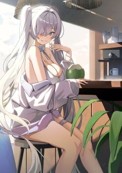 1girl absurdres alternate_costume blue_eyes breasts cinderella_(nikke) cleavage coconut coconut_cup goddess_of_victory:_nikke hair_over_one_eye hallo_(rltkdydrltk) highres looking_at_viewer official_alternate_eye_color sitting smile solo thigh_strap