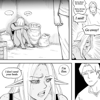 Rule 34 | ..., 1boy, 1girl, absurdres, barefoot, bb (baalbuddy), brother and sister, brother and step-sister, casual, corner, crop top, dark-skinned female, dark elf, dark skin, elf, english text, highres, hugging own legs, left-to-right manga, long hair, original, pointy ears, potato, sack, shorts, siblings, speech bubble, spoken ellipsis, step-brother and step-sister, step-siblings, sweat, tank top, willford diccard, zana (dark elf stepsister)